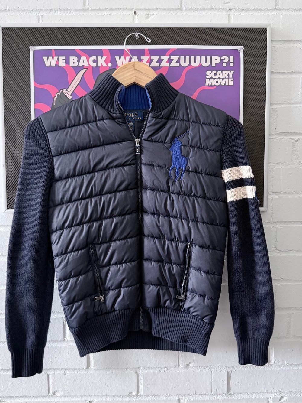 Polo by Ralph Lauren Navy Quilted Zip-Up Sweater with White Stripe